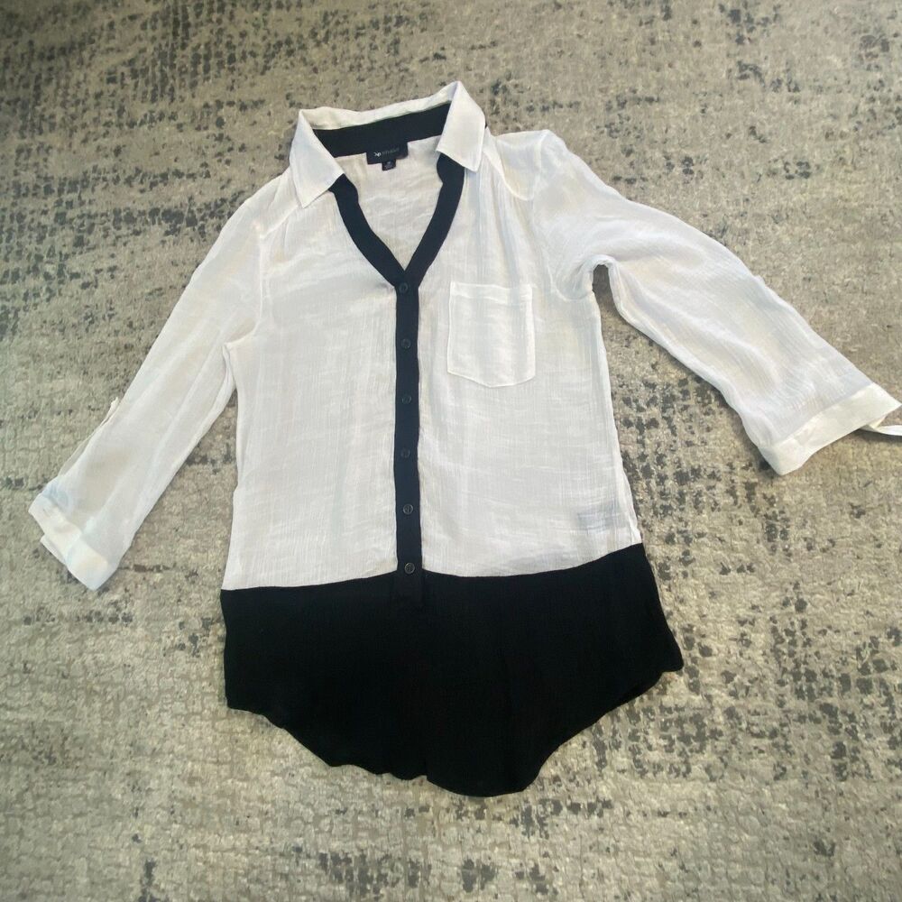 AB Studio Women XS White Black Colorblock Button Up Shirt Sheer Crinkle Blouse